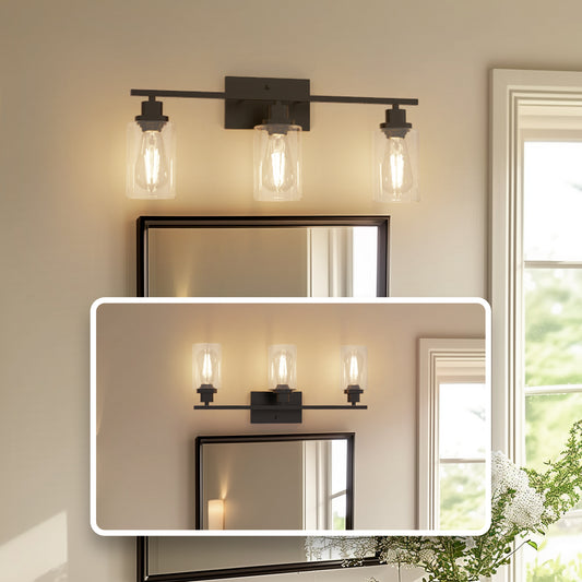 YANSUN 3-Light Industrial Vanity Light Black Bathroom Fixture with Glass Shades E26 Base Bulb Not Included