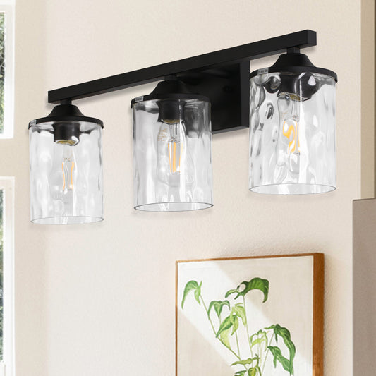 YANSUN 24 in. 3-Light Matte Black Modern Vanity Light with Clear Cylinder Glass Shades, 60W Dimmable, Damp Rated for Bathroom