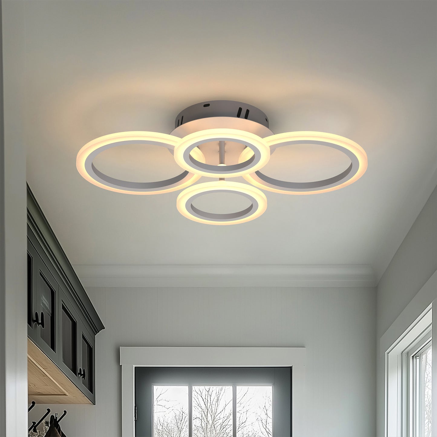 YANSUN 4-Ring Semi-Flush Ceiling Light with Integrated LED, Metal White Finish, Traditional Pendant Fixture