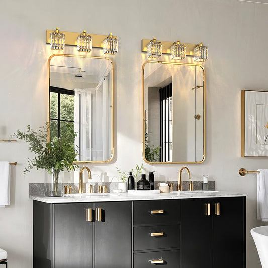 YANSUN 24 in. 3-Light Gold Square LED Vanity Light in Antique Brass with Crystal Shade for Bathroom and Makeup Room