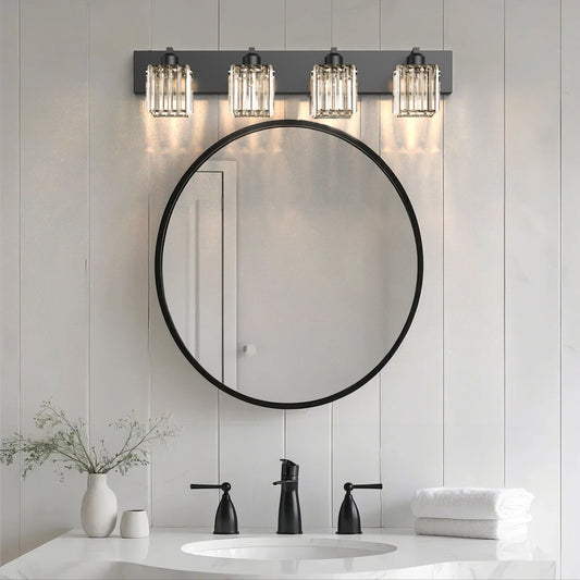 YANSUN 32 In. 4-Light Square LED Vanity Light in All-Black with Crystal Shade for Bathroom and Makeup Room