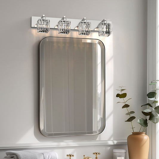 YANSUN 32 in. 4-Light Square Chrome LED Vanity Light with Crystal Shade for Mirror