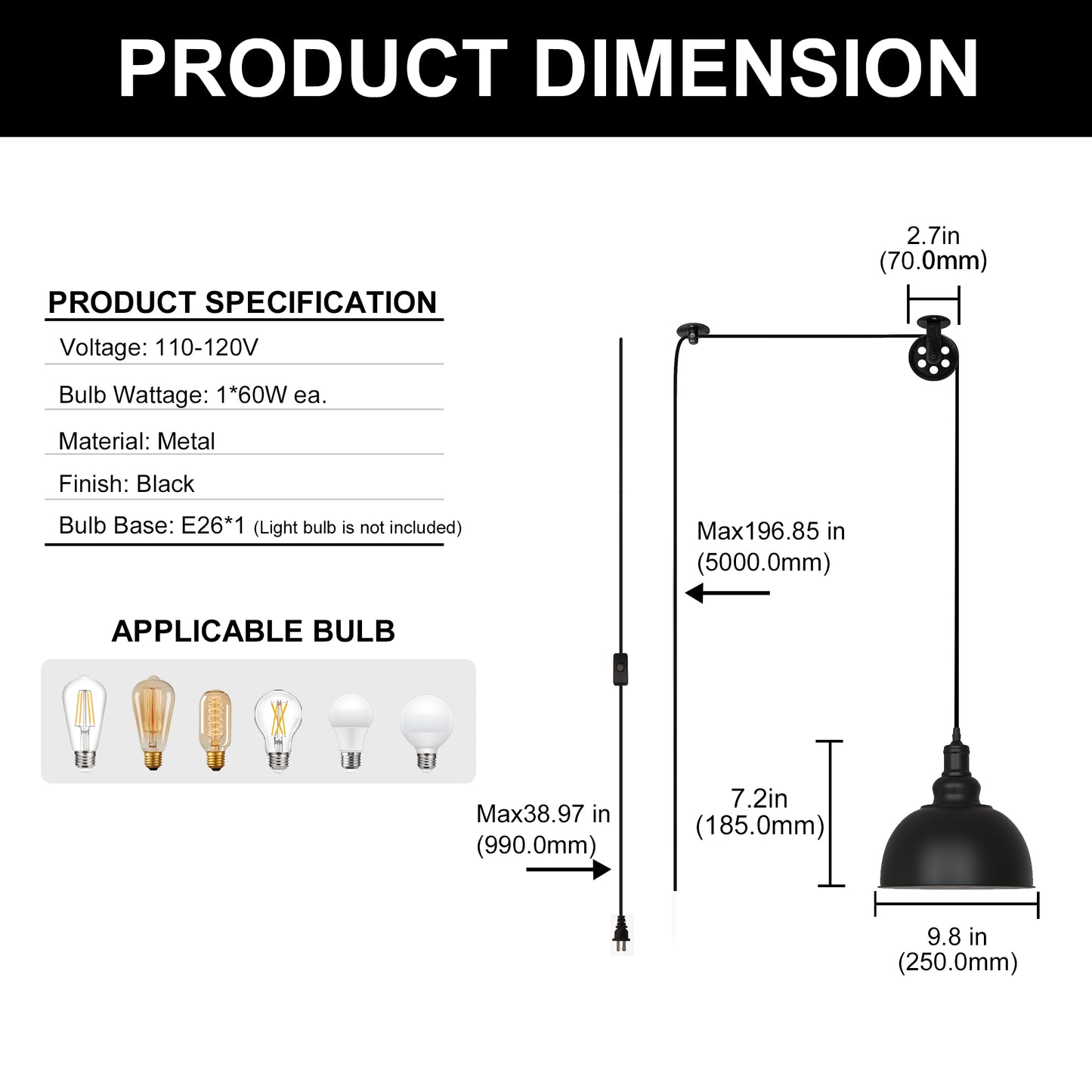 YANSUN 9.8in Black Metal Pendant Light with Iron Shade and 5m Cable E26 Bulb Not Included