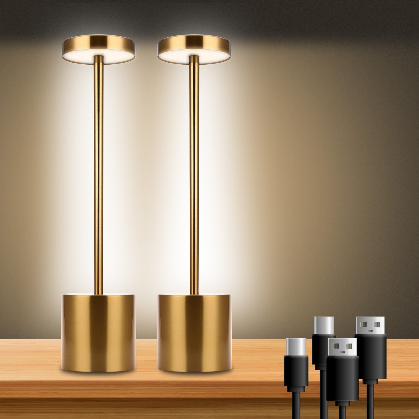 YANSUN 13.4 in. Gold Modern Rechargeable Integrated LED Table Lamp for Living Room with Shade and USB Port
