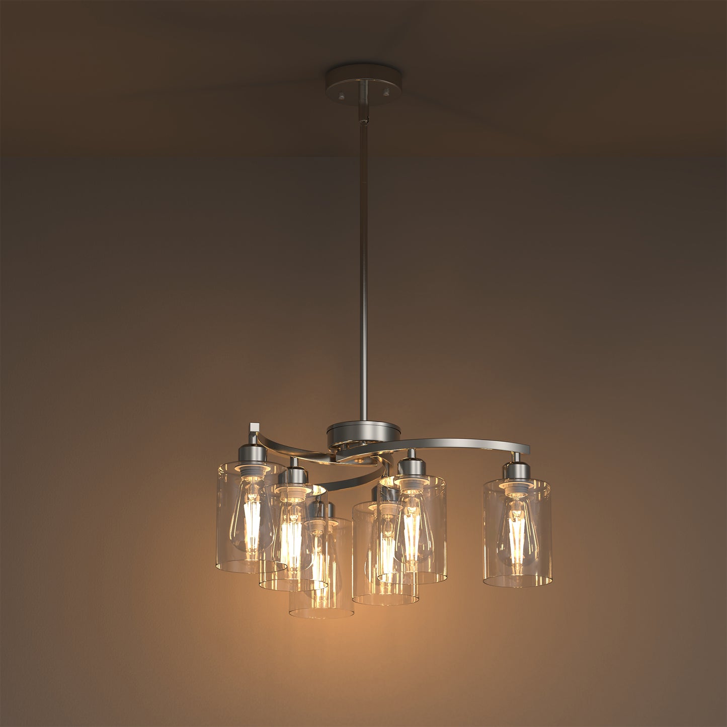 6-Light Satin Nickel Chandelier with Clear Glass Shades, E26 Industrial Pendant Light for Dining Room Kitchen