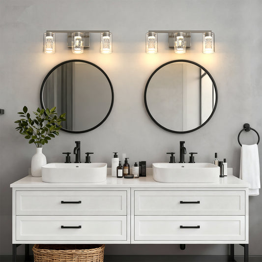 YANSUN 3-Light Nickel LED Vanity Light Fixture with Clear Glass Shade and LED Crystal Bulbs 3000-6000K, Dimmable Color