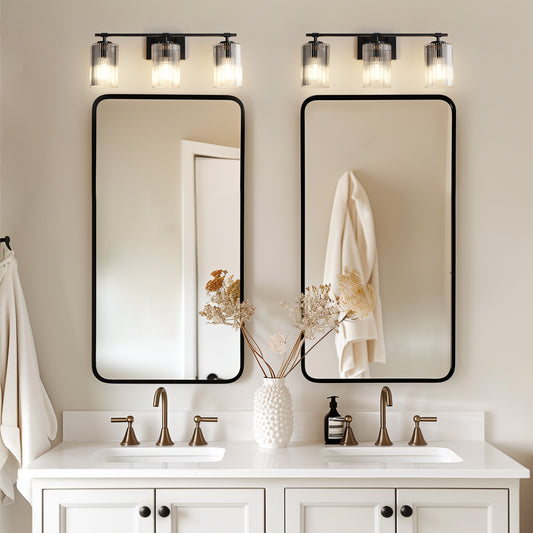 YANSUN 23.6 in. 3 Light Black Vanity Light with Striped Milky White Cylindrical Shade and Trumpet Sockets for Bathroom E26 Base