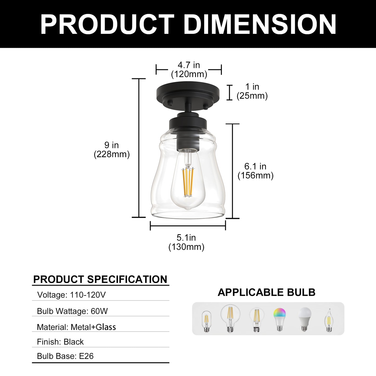YANSUN 5 in. 1-Light Black Metal Semi Flush Mount Ceiling Light with Bell Glass Shade, Farmhouse Light for Bedroom, Hallway