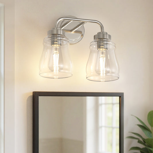 YANSUN 13 in. 2-Light Modern Nickel Bell Vanity Light Bathroom Fixture with Clear Glass Shade for Bathroom Mirror or Dressing