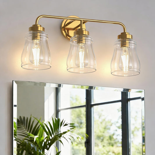 YANSUN 22 in. 3-Light Modern Gold Bell Vanity Light Bathroom Fixture with Clear Glass Shade for Bathroom Mirror or Dressing