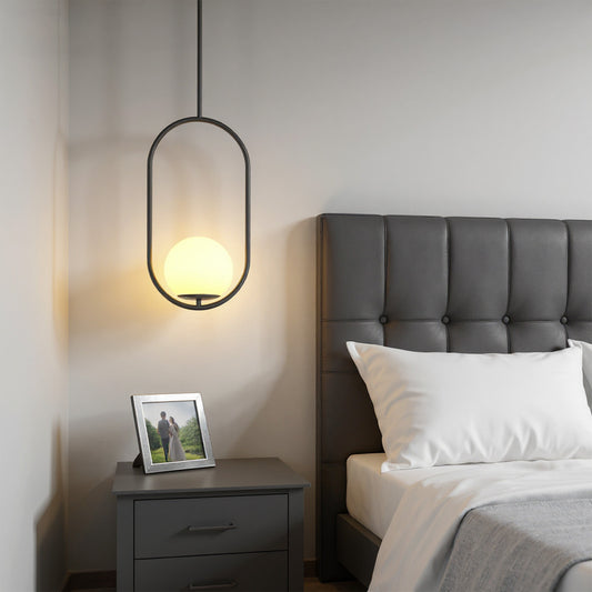 YANSUN 1-Light Modern Pendant Chandelier / Hanging Light with Frosted White Glass Globe, Black Metal Finish, Adjustable Rods, Track Ring Base