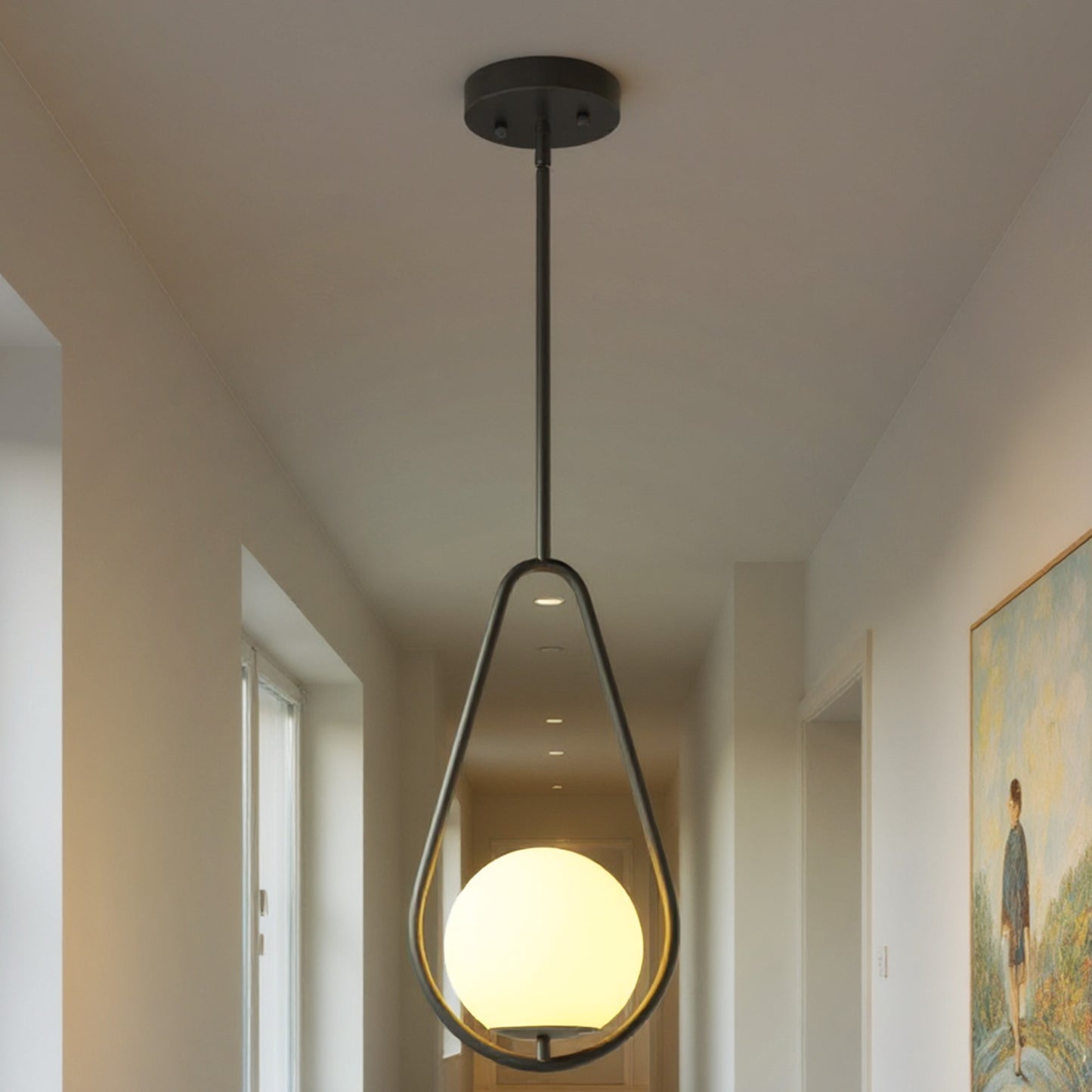 YANSUN 1-Light Modern Pendant Chandelier / Hanging Light with Frosted White Glass Globe, Black Metal Finish, Adjustable Rods