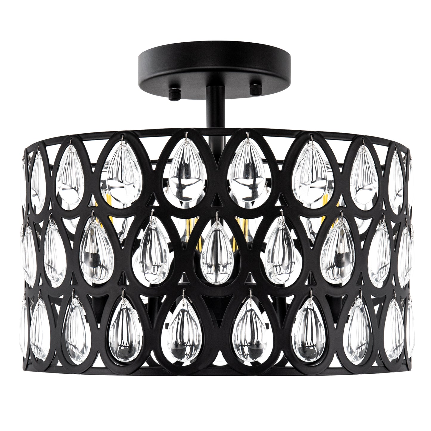 YANSUN 3-Light Matte Black Semi-Flush Mount Ceiling Light with Teardrop Crystal Accents, E12 Base