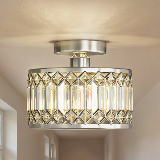 YANSUN 1-Light Drum Shape Semi-Flush Mount Ceiling Light, Triangular Crystal Bar Accents, Brushed Nickel Finish, Traditional Design