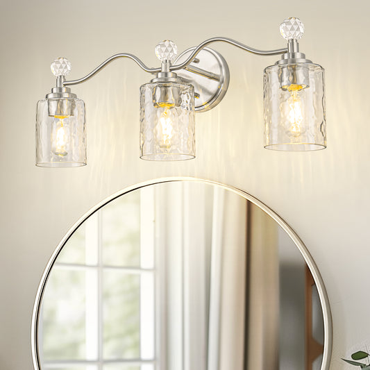 24 in. 3-Light Brushed Nickel Bathroom Vanity Light with Crystal Accents and Clear Hammered Glass Shades
