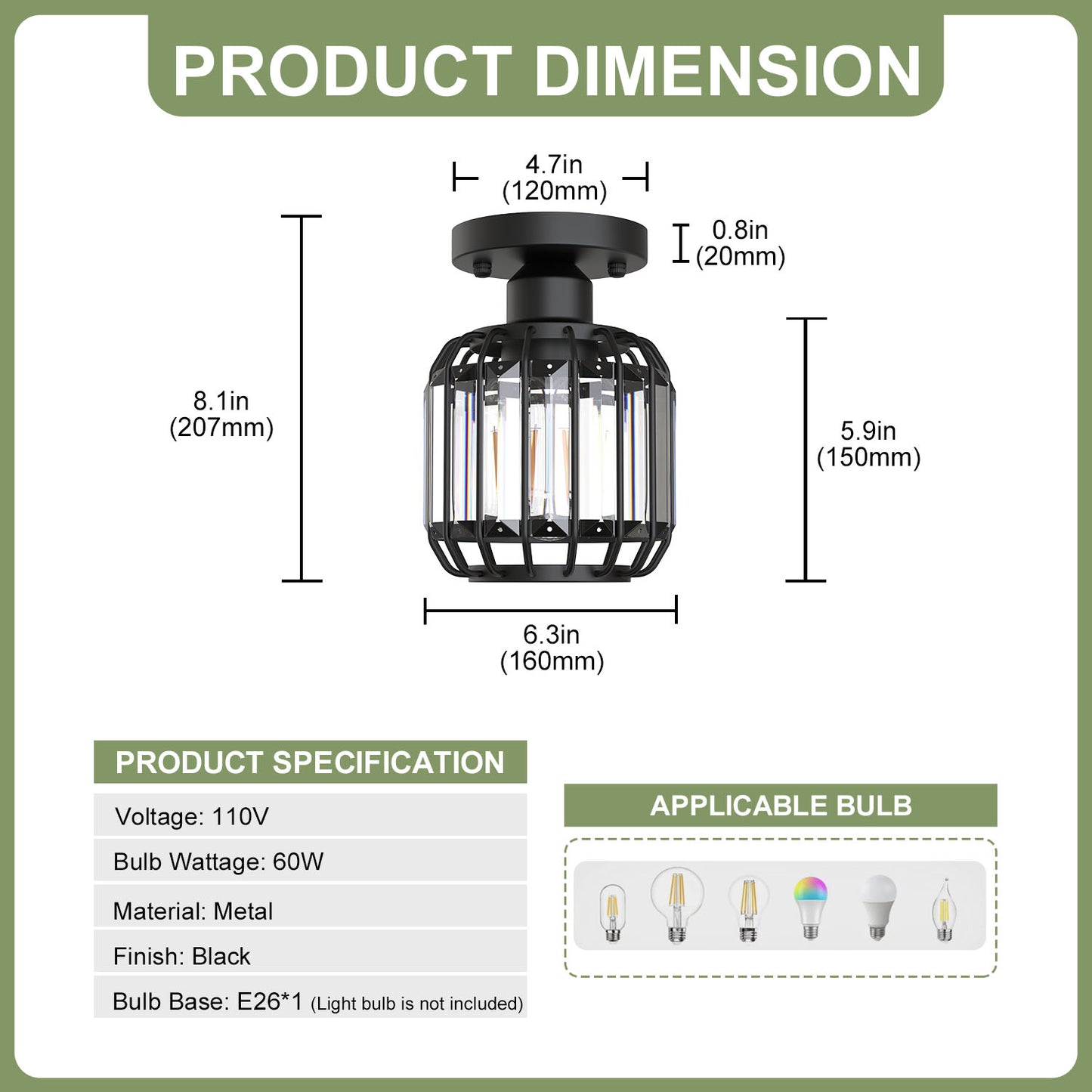 YANSUN 6.3 in. 1-Light Matte Black Traditional Semi Flush Mount Ceiling Light with Triangular Crystal Rods, No Bulbs Included