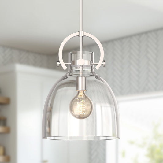 YANSUN 1-Light Nickel Pendant Light with Clear Glass Bell Shade E26 Base Mini Hanging Fixture No Light Bulb Included