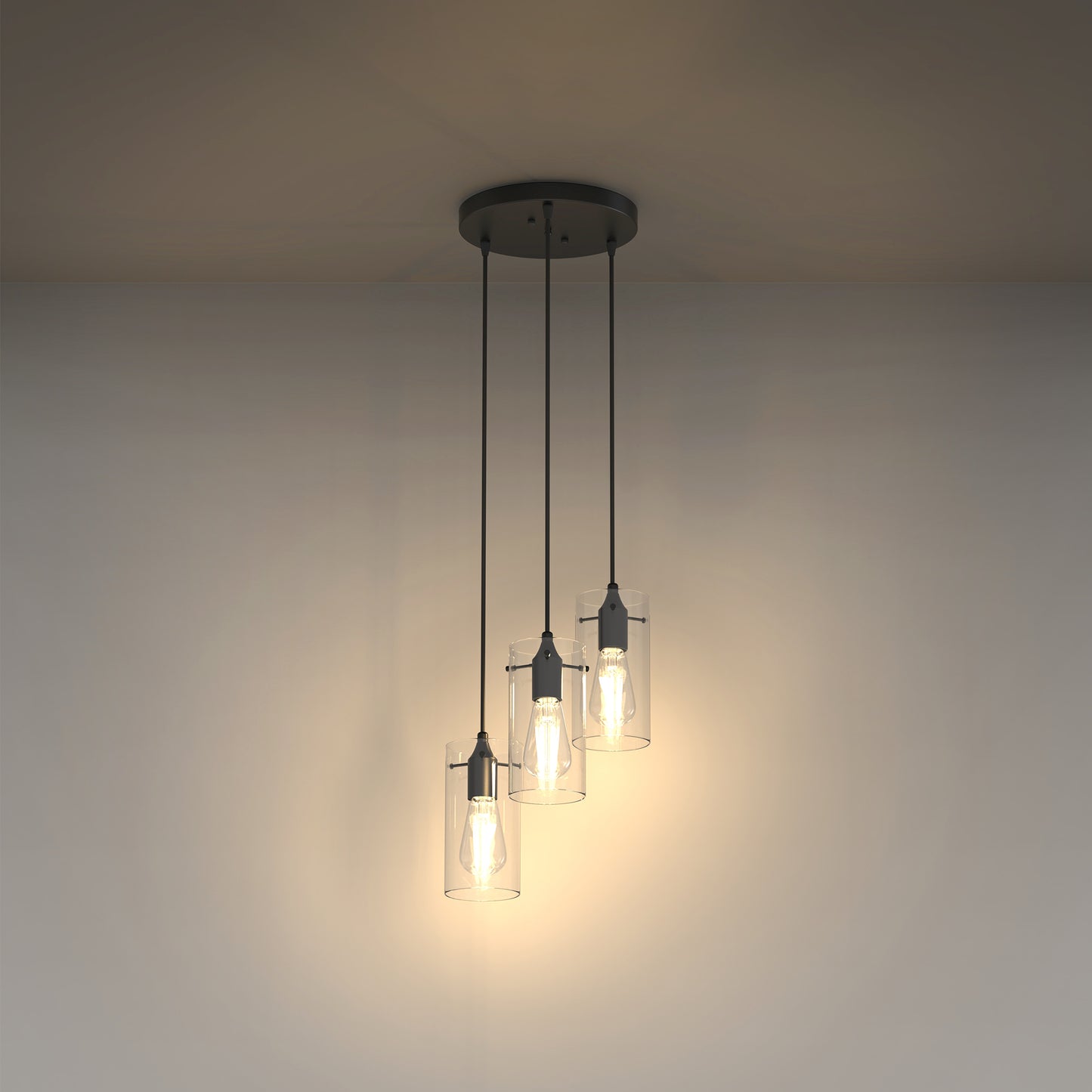 YANSUN 3-Light Pendant Chandelier / Hanging Light with Clear Cylindrical Glass Shades, Metal Black Finish, Adjustable 59in Cord