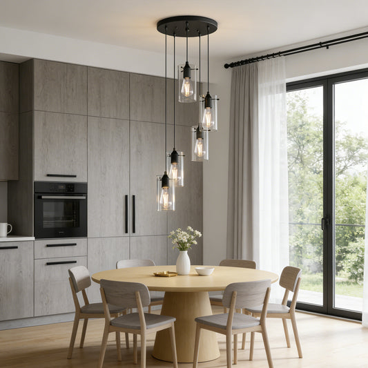 YANSUN 5-Light Modern Matte Black Pendant Light with Clear Glass Shade Traditional E26 Ceiling Light Fixture for Kitchen