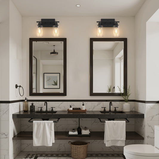 YANSUN 13.4 in. 2 Light Matte Black Vanity Light with Clear Cylinder Glass Shades for Industrial Bathroom Design