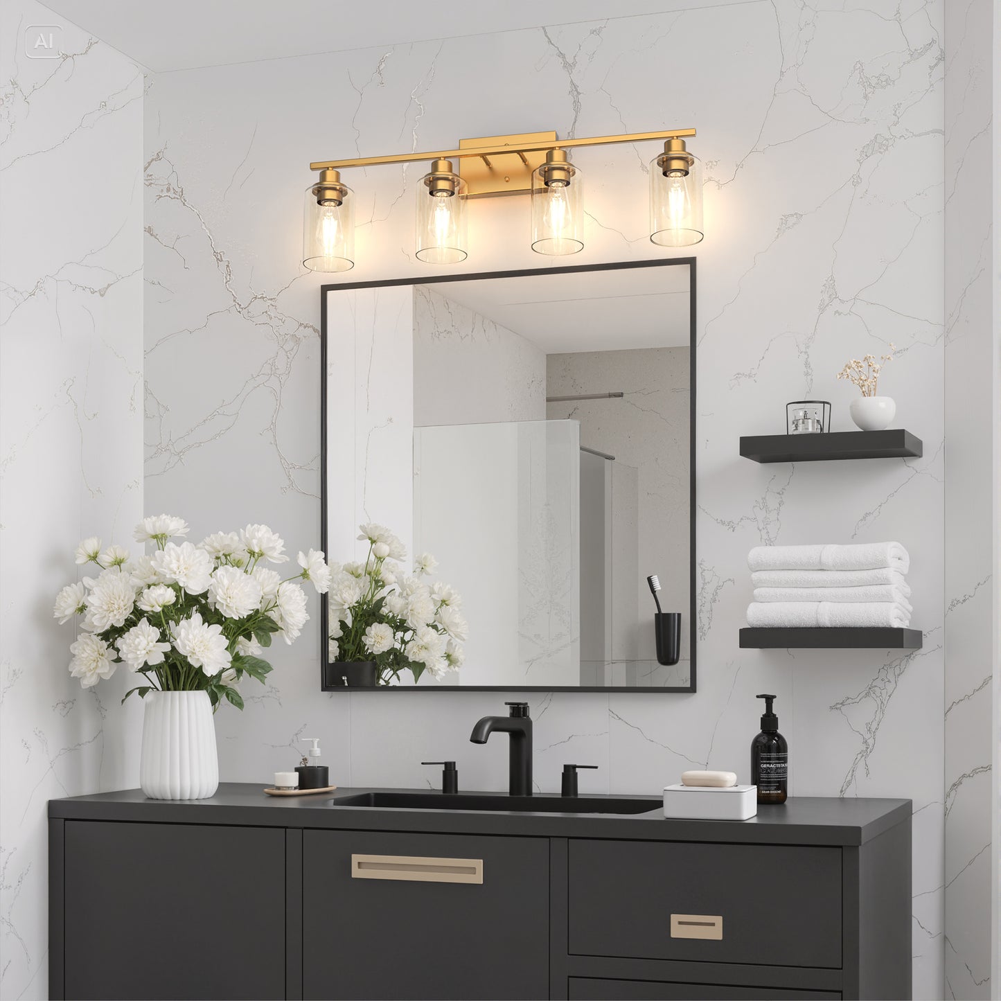 YANSUN 31.5 in. 4-Light Industrial Vintage Vanity Light, Copper Finish, Clear Glass Cylinder Shades, E26 Socket, Modern Bathroom Wall Light