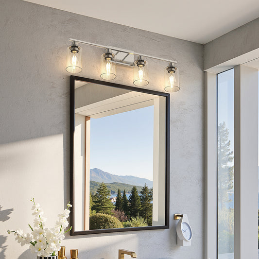 YANSUN 32 in. 4 Light Brushed Nickel Vanity Light with Clear Glass Cylinder Shades for Bathroom or Dressing Area