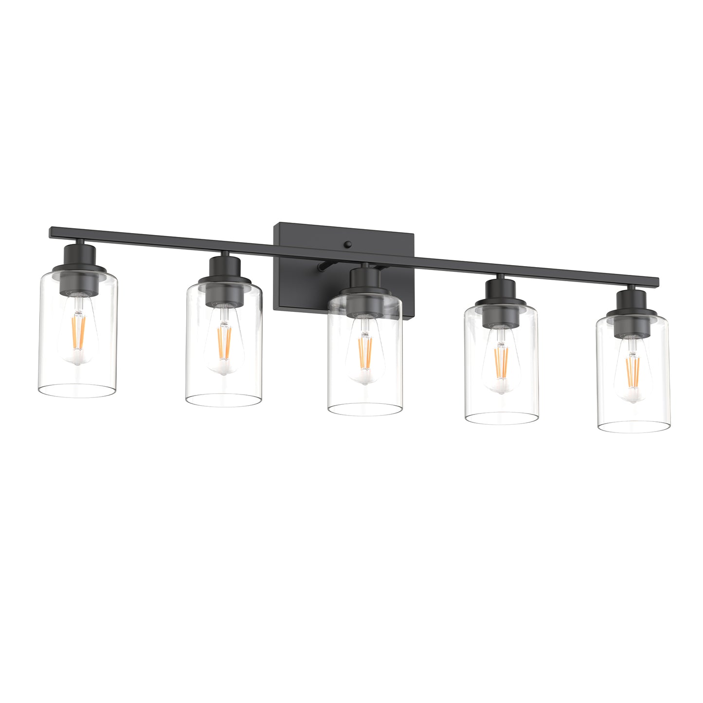 YANSUN 35.4 in. 5 Light Matte Black Vanity Light with Clear Cylinder Glass Shades for Industrial Bathroom Use