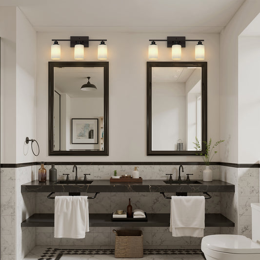 YANSUN 24 in. 3 Light Matte Black Vanity Light with Frosted Cylinder Glass Shades for Industrial Bathroom Design