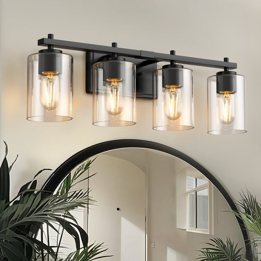 24 in. 4-Light Farmhouse Black Vanity Light with Clear Glass Shades for Budget Bathrooms