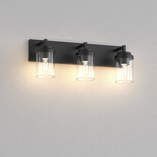 YANSUN 3-Light Vanity Mirror Light with Cylinder Glass Shades, Matte Black Finish, 21.7-Inch Length, Clear Glass Design