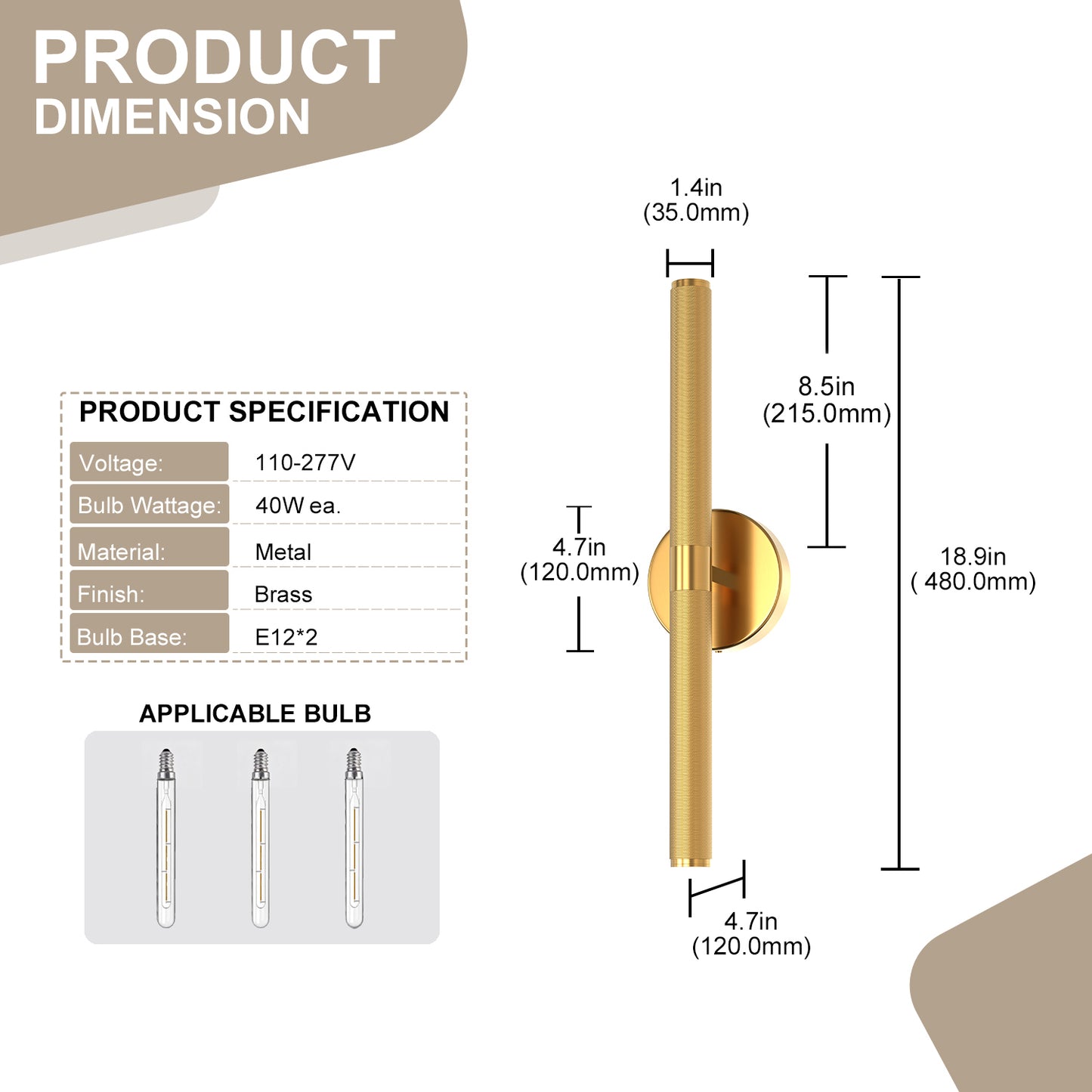 YANSUN 18.5 in. 2-Light Brass LED Wall Sconce with 3-Watt 2700K LED Bulbs for Entryway, Libraries E12 Bulbs Included