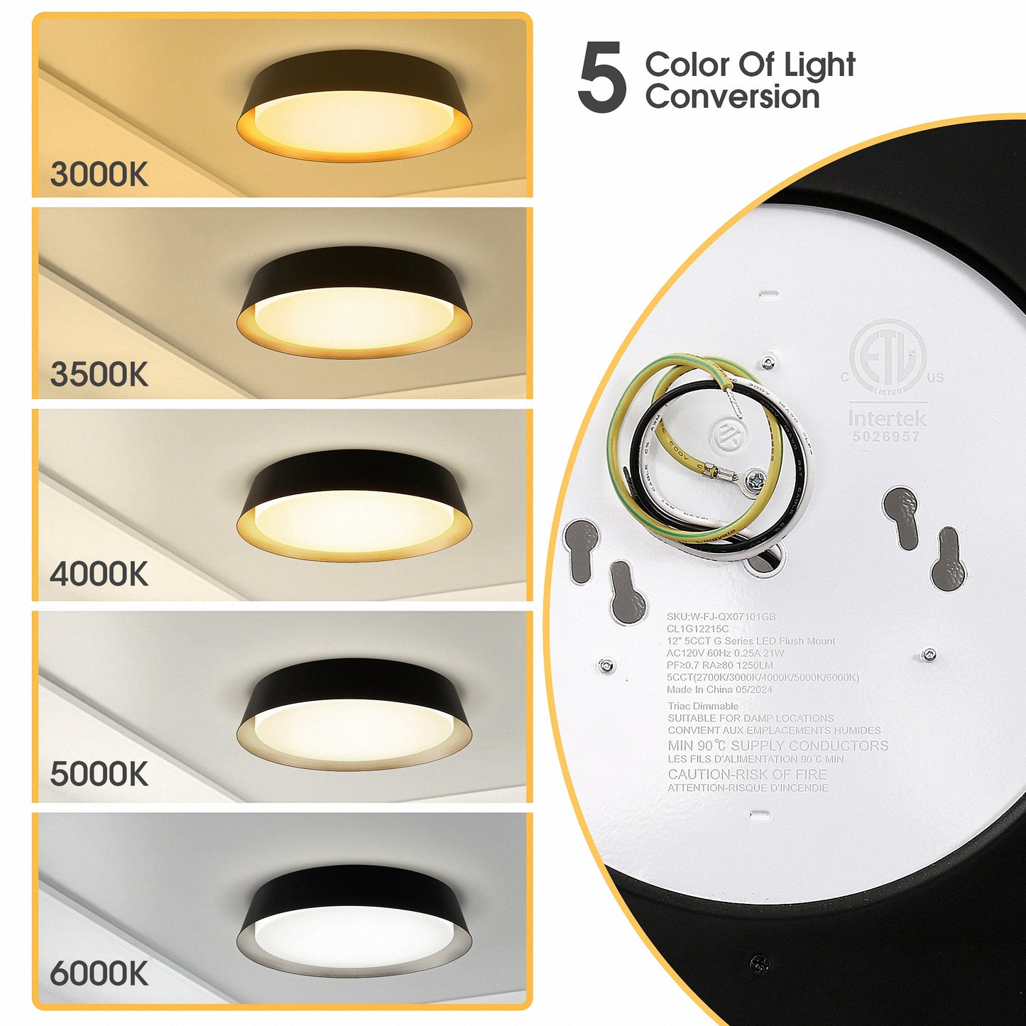 YANSUN 12 in. Black and Gold Dimmable Flush Mount with No Glass Round 1-Pack