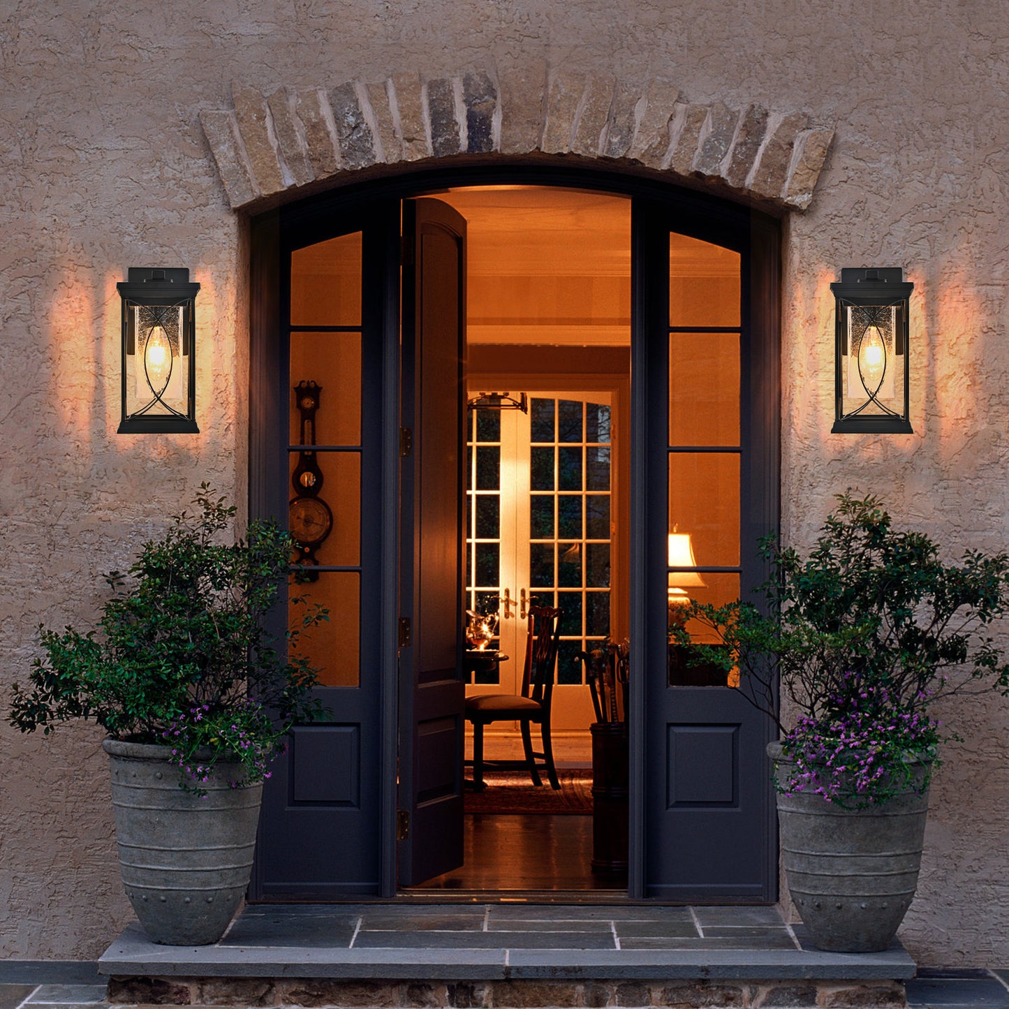 YANSUN 14in Outdoor Wall Lantern Black Crackled Glass Weather-Resistant Exterior Sconce Modern Porch Patio Entryway Light E26 Base
