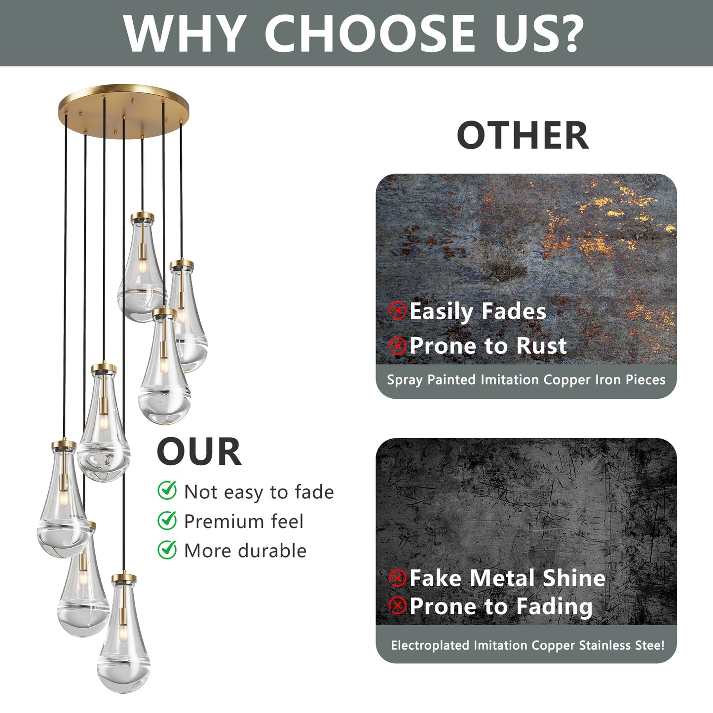 YANSUN 17.7 in. Brass Modern 7-Light Linear Pendant Chandelier with Adjustable Hanging Cords and Raindrop Glass Shades