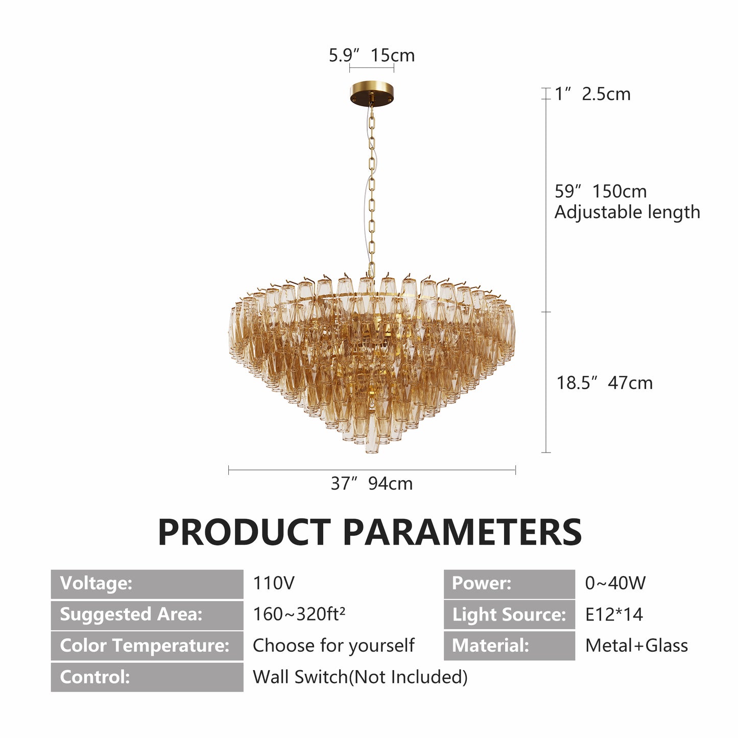 YANSUN 37in. Gold 14-Light Tiered Smoke Blown Glass Chandelier Modern Brass Light for Living Room Dining Room Bedroom Foyer Entryway