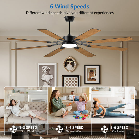 YANSUN72-Inch 8-Blade Large Ceiling Fan,Reversible Quiet DC Motor,Indoor/Outdoor Modern Ceiling Fan,Suitable for Kitchen,Living Room and Terrace,Black.