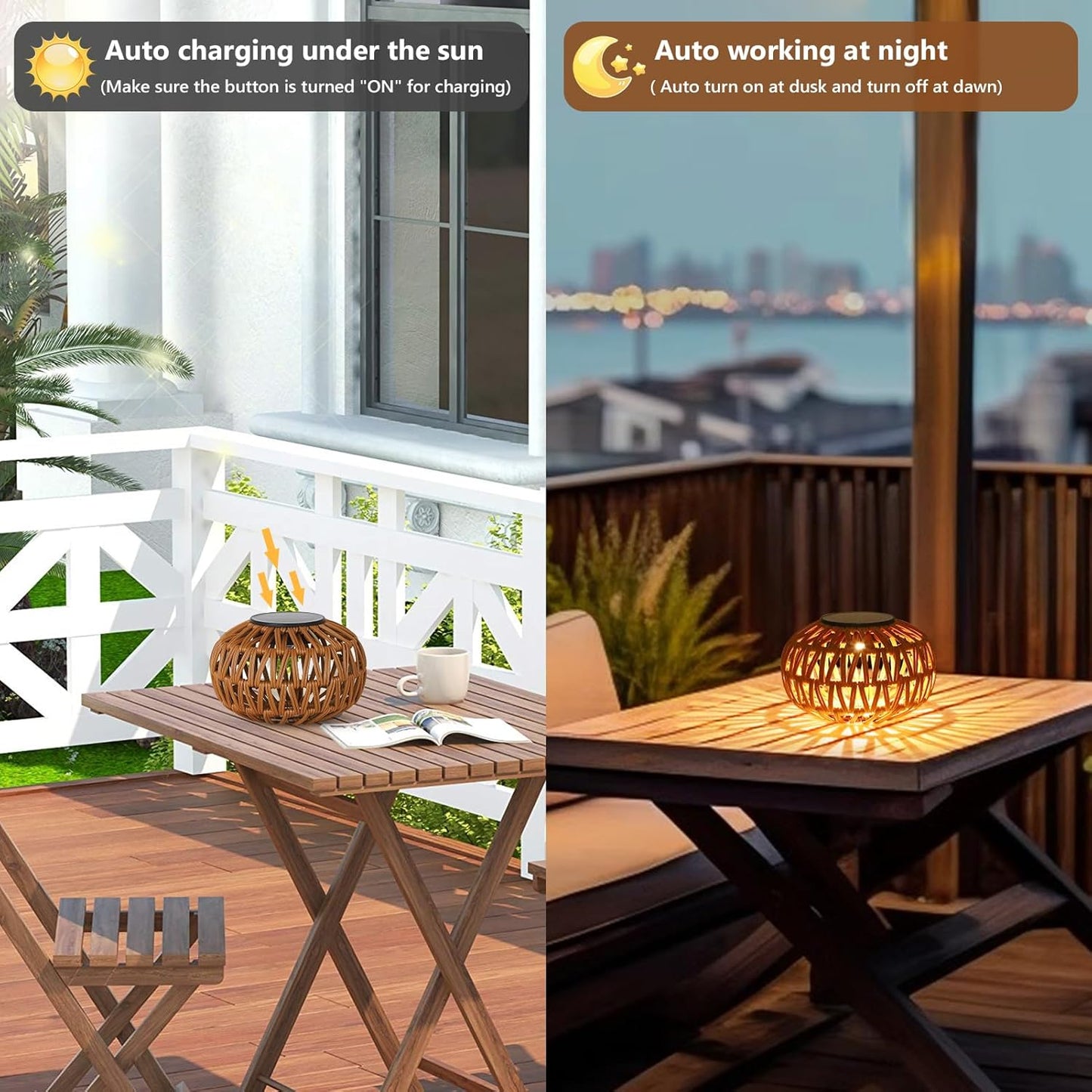 YANSUN 2-Pack Brown Solar Outdoor Lanterns Waterproof Rattan Tabletop Lights Decorative LED Garden Lanterns for Patio Yard Pathway Porch Steps