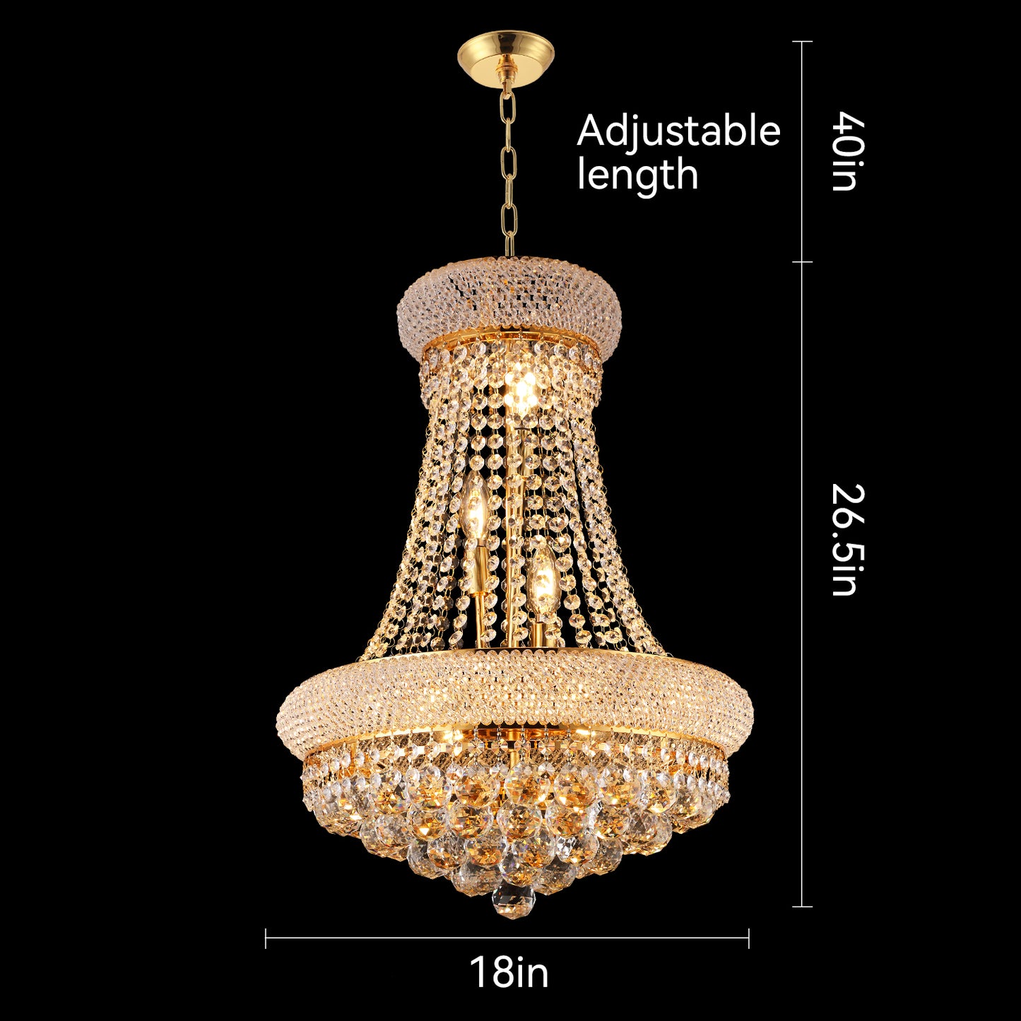 YANSUN 18in. Gold Crystal Chandelier 9-Light French Empire LED Bulbs 3000K Warm Light for Dining Room Bedroom Entryway