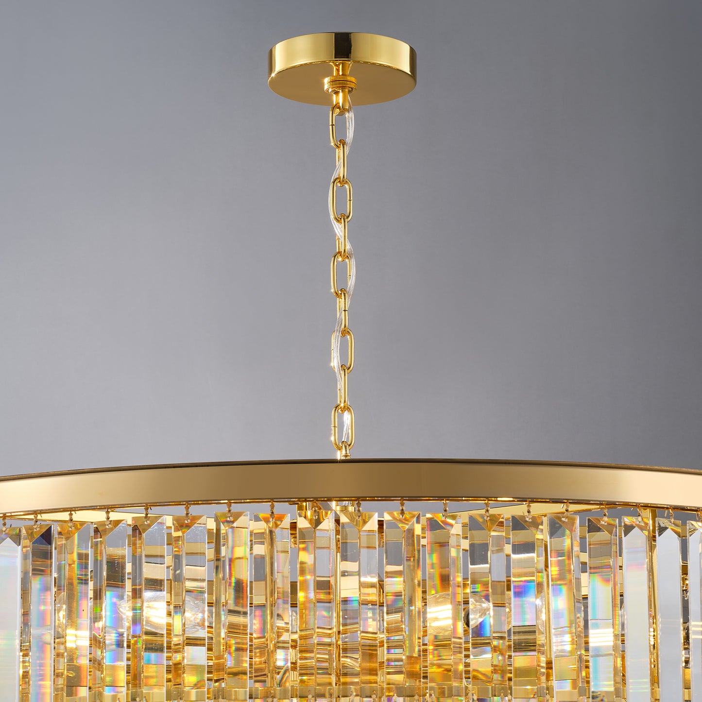 YANSUN 48in. Gold Tiered Crystal Tube Chandelier 45-Light E12 580 Crystal Rods Adjustable 79in. Chain LED Bulbs Included