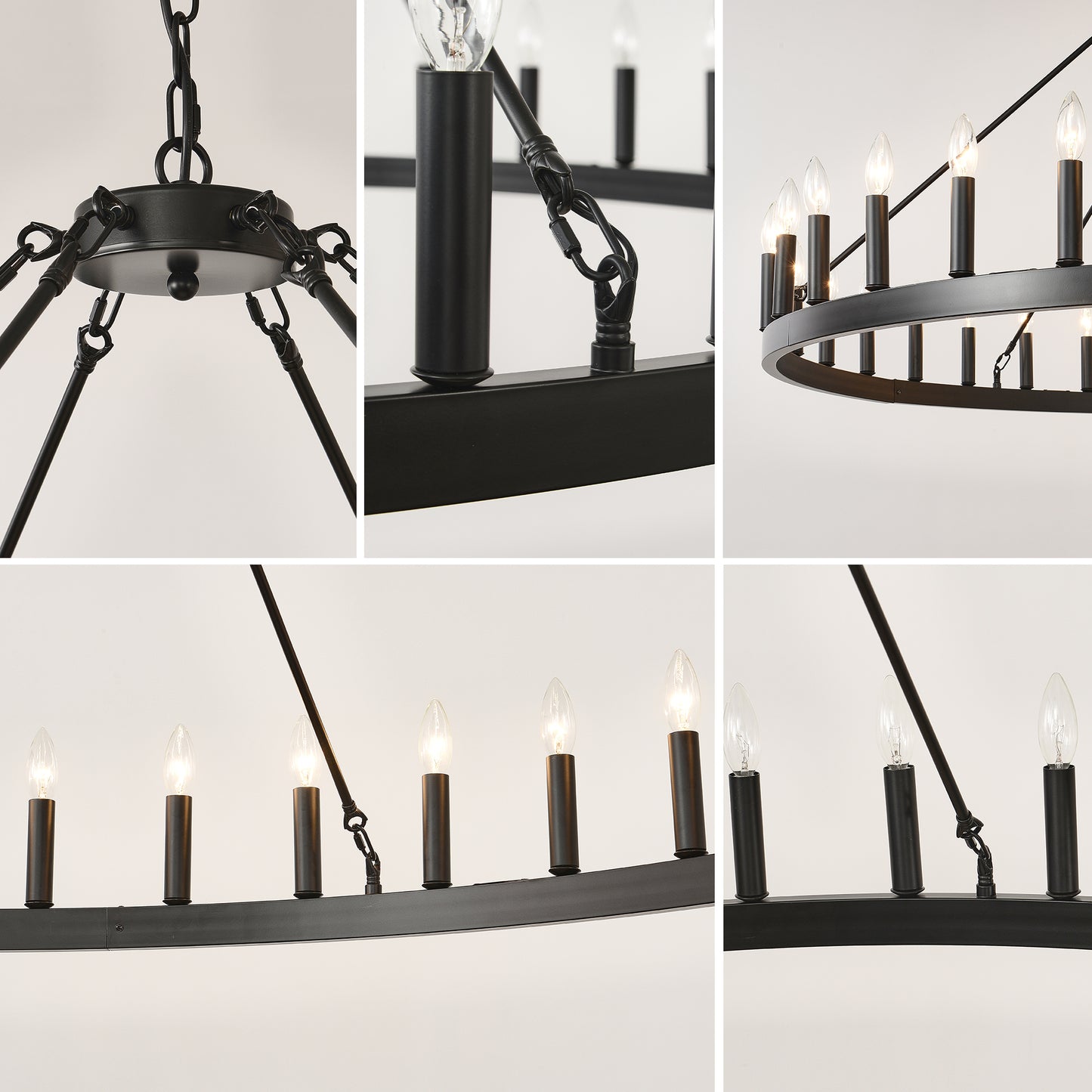 YANSUN 59" Farmhouse Wagon Wheel Chandelier, 36-Light Matte Black Ceiling Light, Adjustable Height, E12 Bulbs, Dining Room Fixture