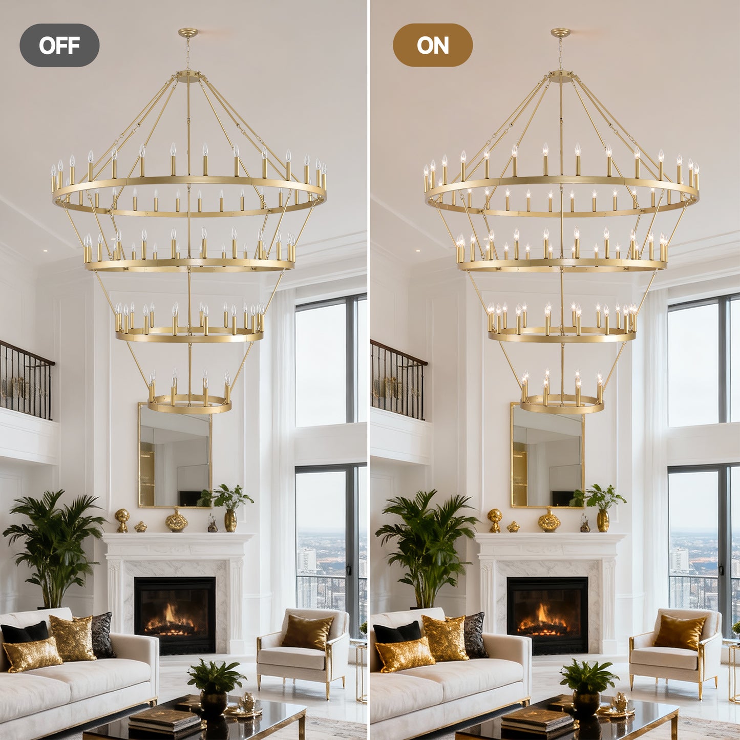 YANSUN Large 70.87" Farmhouse Wagon Wheel Chandelier, 60 Lights, Gold Finish, Adjustable Height, E12 Bulbs, Ideal for Dining Rooms & Living Spaces