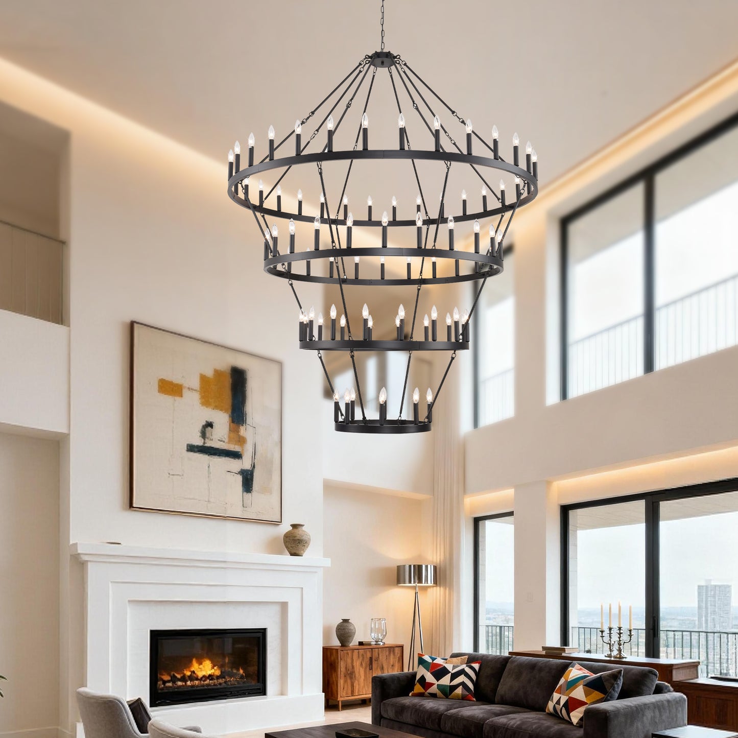 YANSUN 70.87in. 4-Tier Black Wagon Wheel Chandelier 60-Light E12 Farmhouse Industrial 4-Story Light for High Ceiling Living Dining Room Foyer