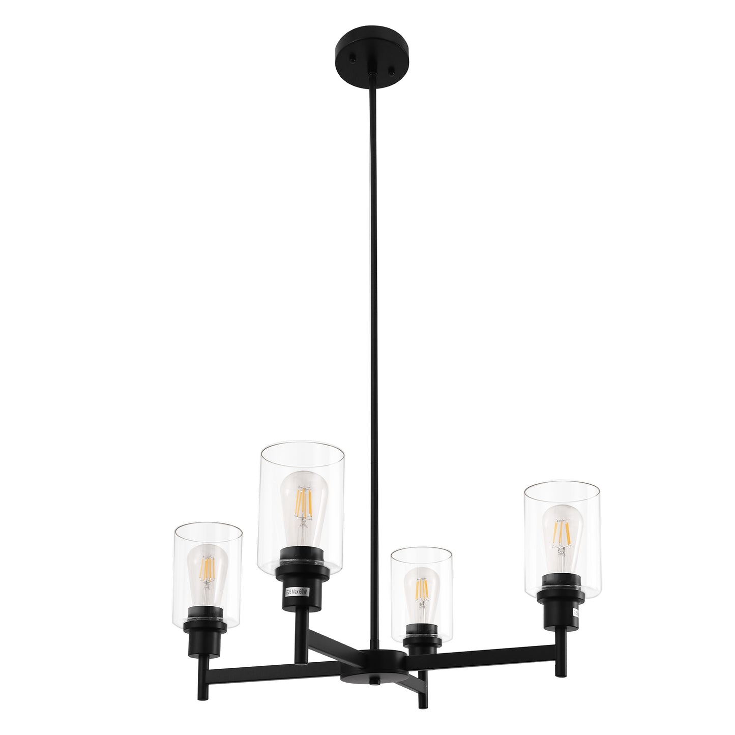 4-Light Matte Black Chandelier with Clear Glass Cylindrical Shades and Square Rod Candle Design E26 Base Light Fixture