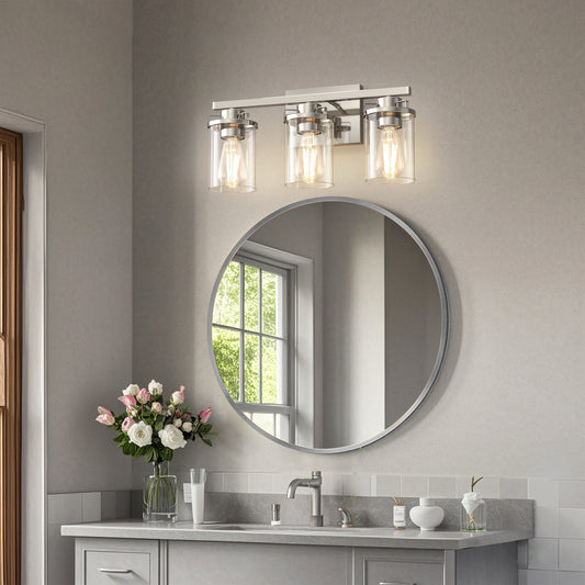 YANSUN 3-Light Vanity Light Wall Sconce in Satin Nickel with Straight Rod and Clear Glass Shades, E26 Base, No Bulbs Included