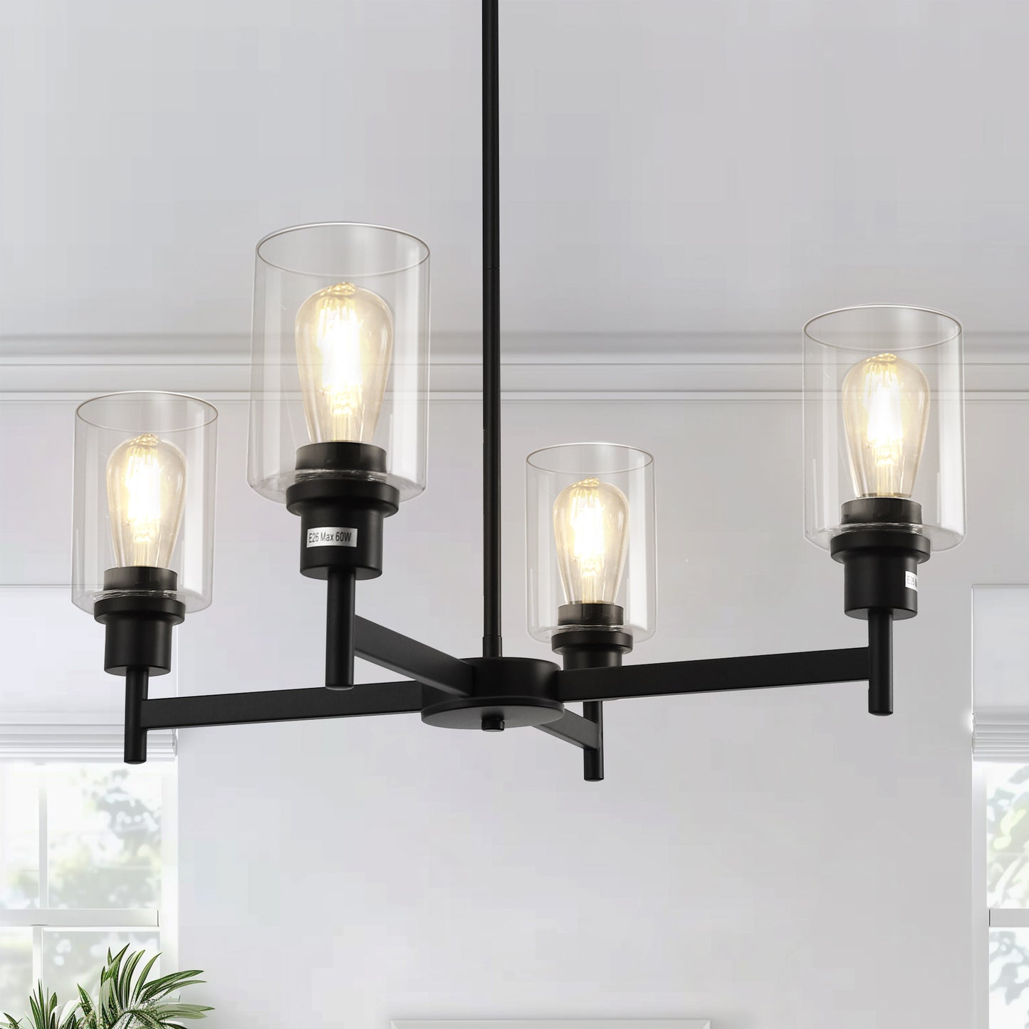 YANSUN 4-Light Black Chandelier with Adjustable Height featuring Elegant Glass Shades suitable for Dining Room Kitchen Foyer