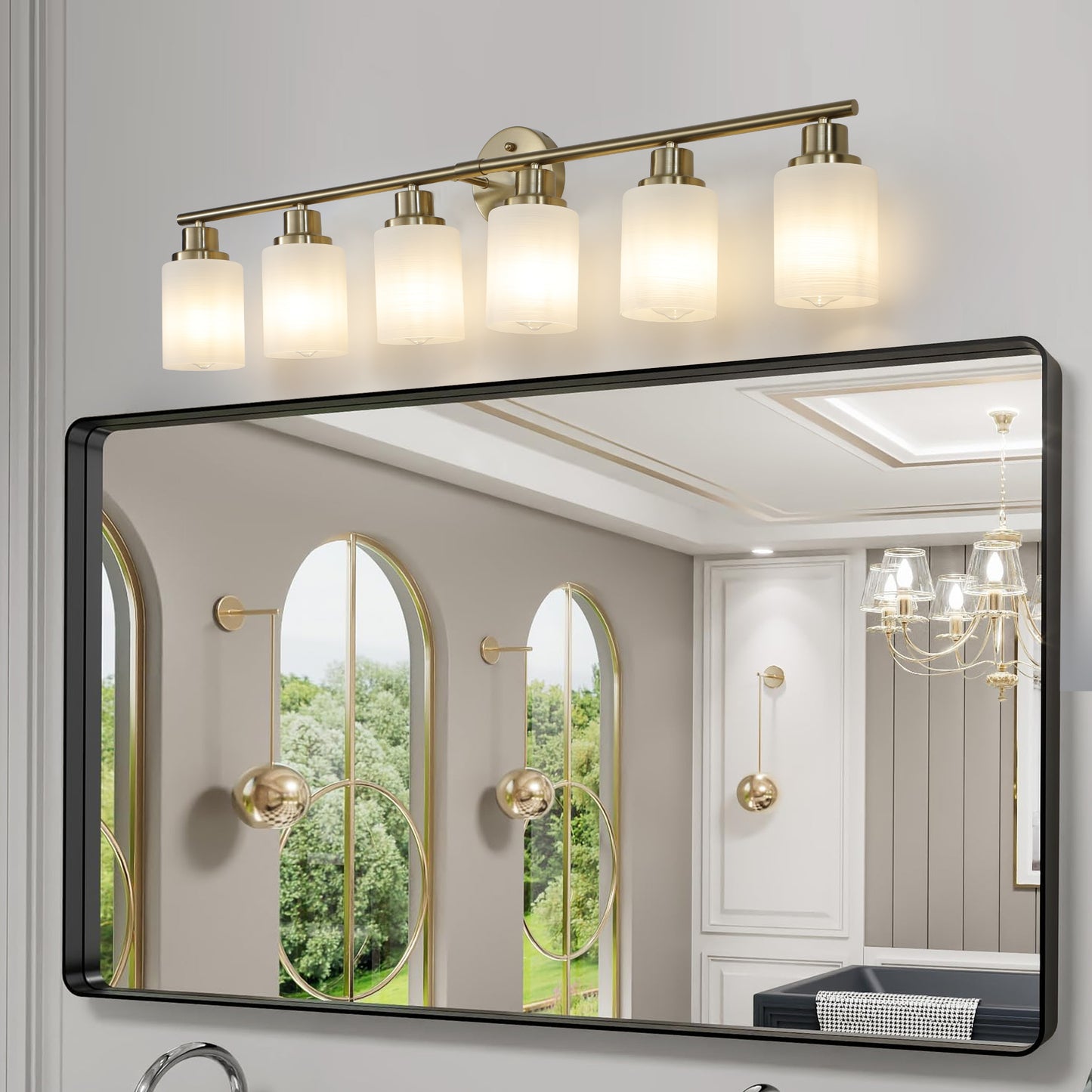 YANSUN Golden Modern Minimalist Bathroom Vanity Light, 6-Light Wall Sconce, Iron & Glass, E26 Base, Hard-Wired (Bulbs Not Included)