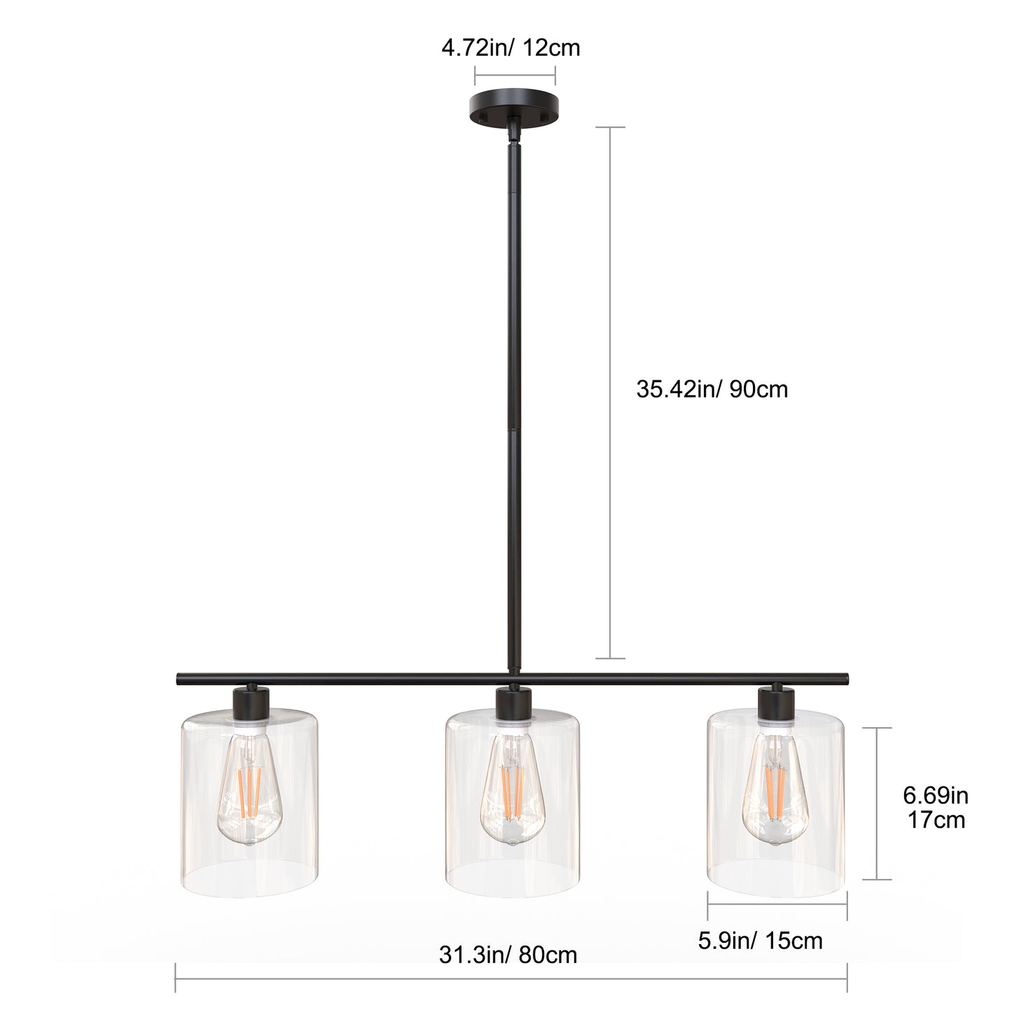 YANSUN Modern 3-Light Kitchen Island Pendant Light, Black Ceiling Fixture with Clear Glass Shades, E26 Hanging Rod Chandelier for Dining Room Kitchen Island