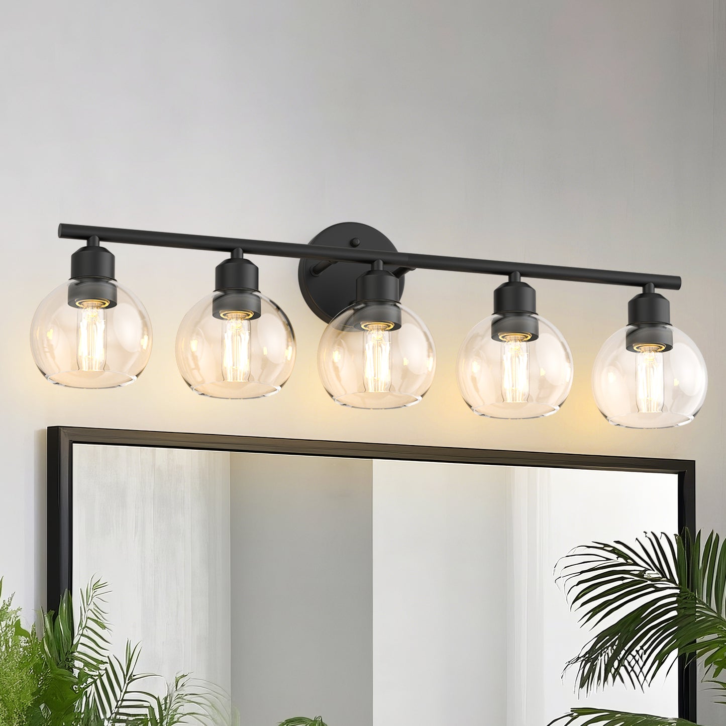 YANSUN 31 in. 5-Light Bathroom Vanity Light Fixtures Over Mirror, Black Bathroom Light Fixtures with Clear Globe Glass Shades