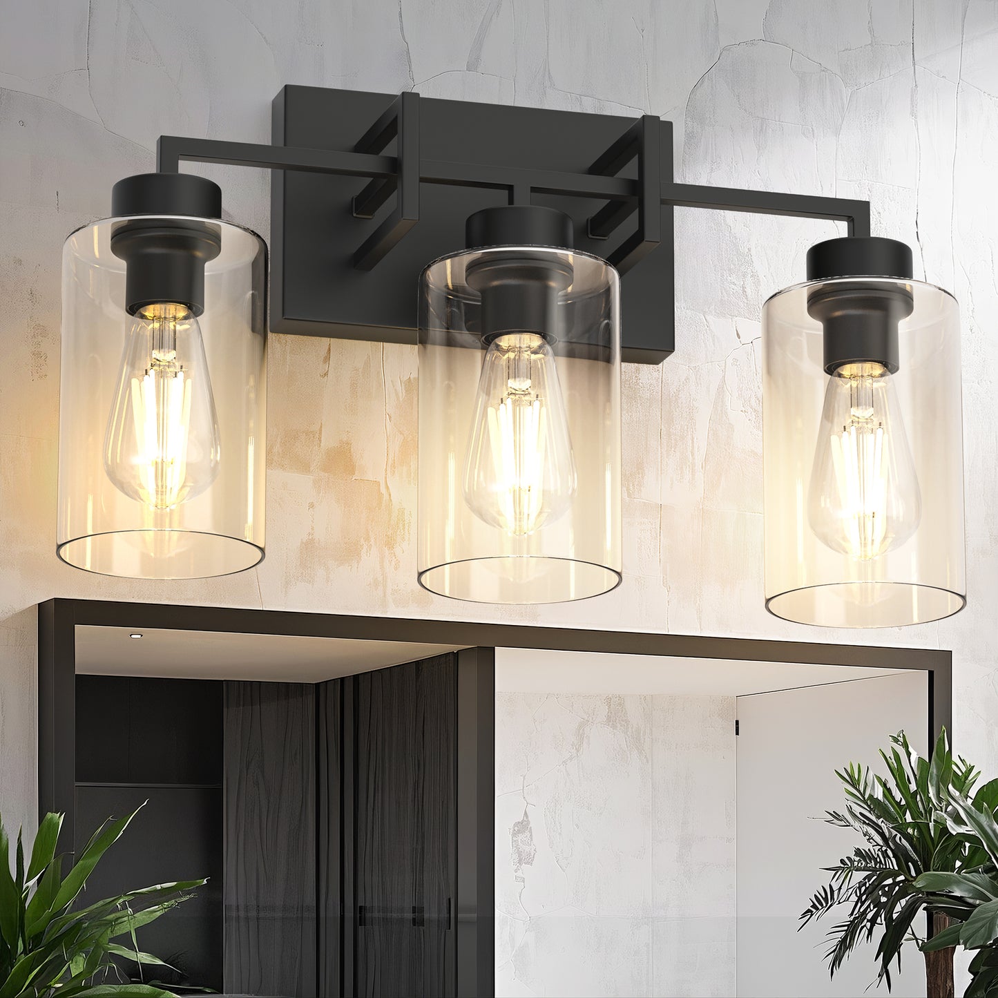 YANSUN 18 in. 3-Light Black Farmhouse Bathroom Vanity Light with Glass Shades