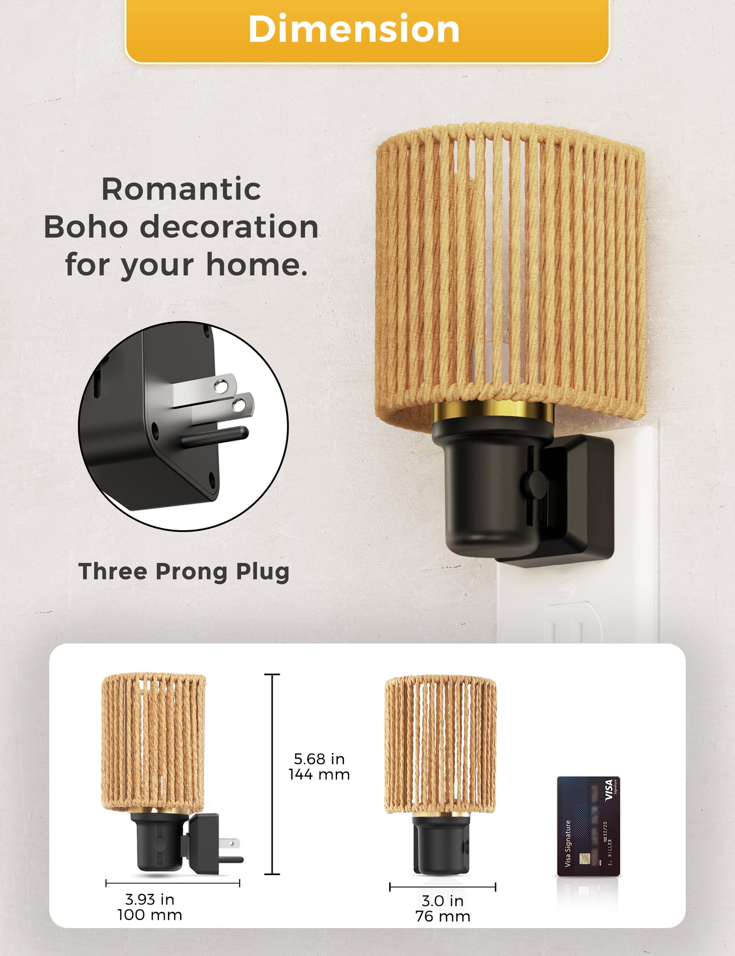 YANSUN 1-Pack 1W Dusk to Dawn Plug-in Night Light Boho Rope Shade Warm White 2700K Dimmable LED Night Light with Gold Ring Accent for Bedroom Hallway